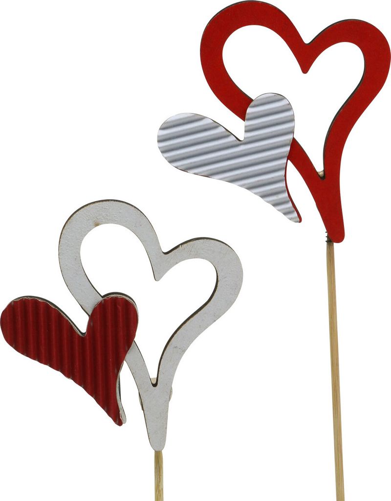 Dekorative Herzstecker aus Holz in Rot und Weiß, Liebevoller Blumenschmuck, Geschenkidee, 38cm/12er Set, 12 Stück