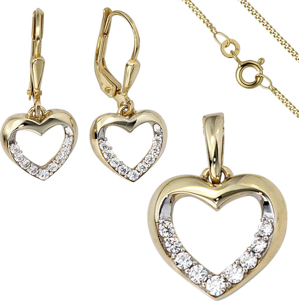 Schmuck-Set Herz aus 333 Gold Gelbgold Zirkonia Ohrringe Anhänger und Kette 42cm