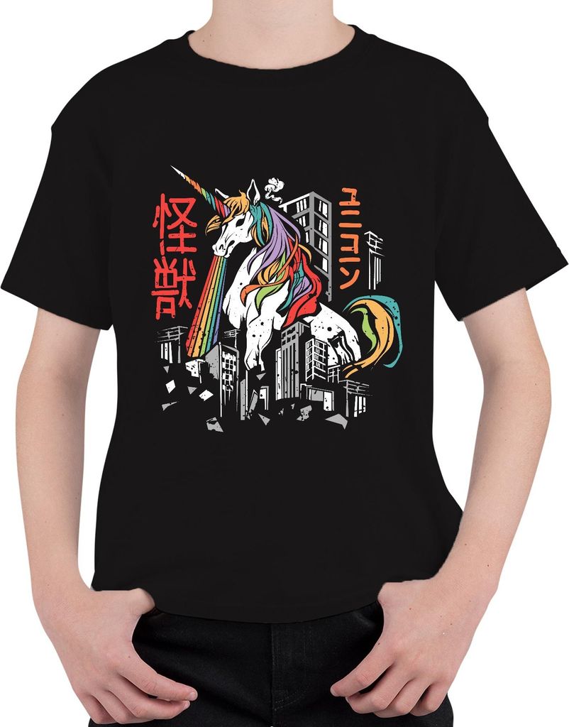 Einhorn Regenbogen Kaiju Monster Stadt Zerstörung ユニコーン 怪獣 Retro Uni Kinder T-Shirt, Schwarz, 152