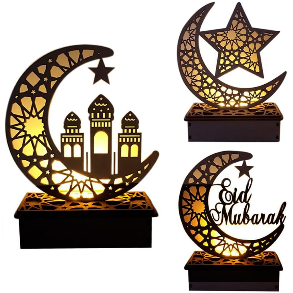 3 Stück Ramadan Laterne LED Holz Mond Sterne