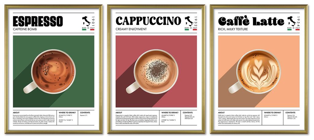 ARTFAVES Poster Set - Coffee Types I mehrteilige Bilderwand für Wohnzimmer, Schlafzimmer I Wandbilder Kaffee I mit Rahmen Gold