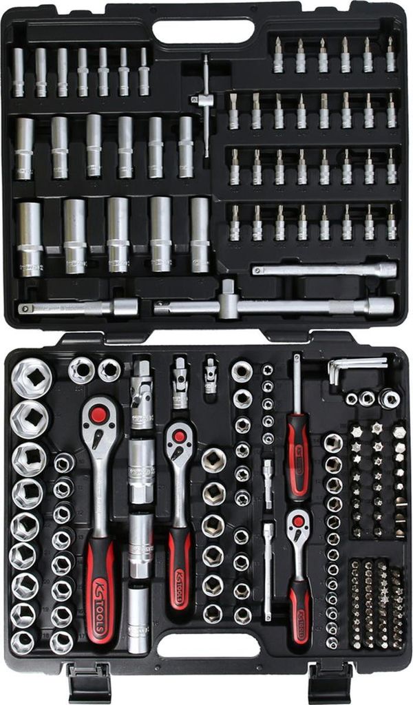 A black toolbox filled with various tools, including sockets, ratchets, and extensions.