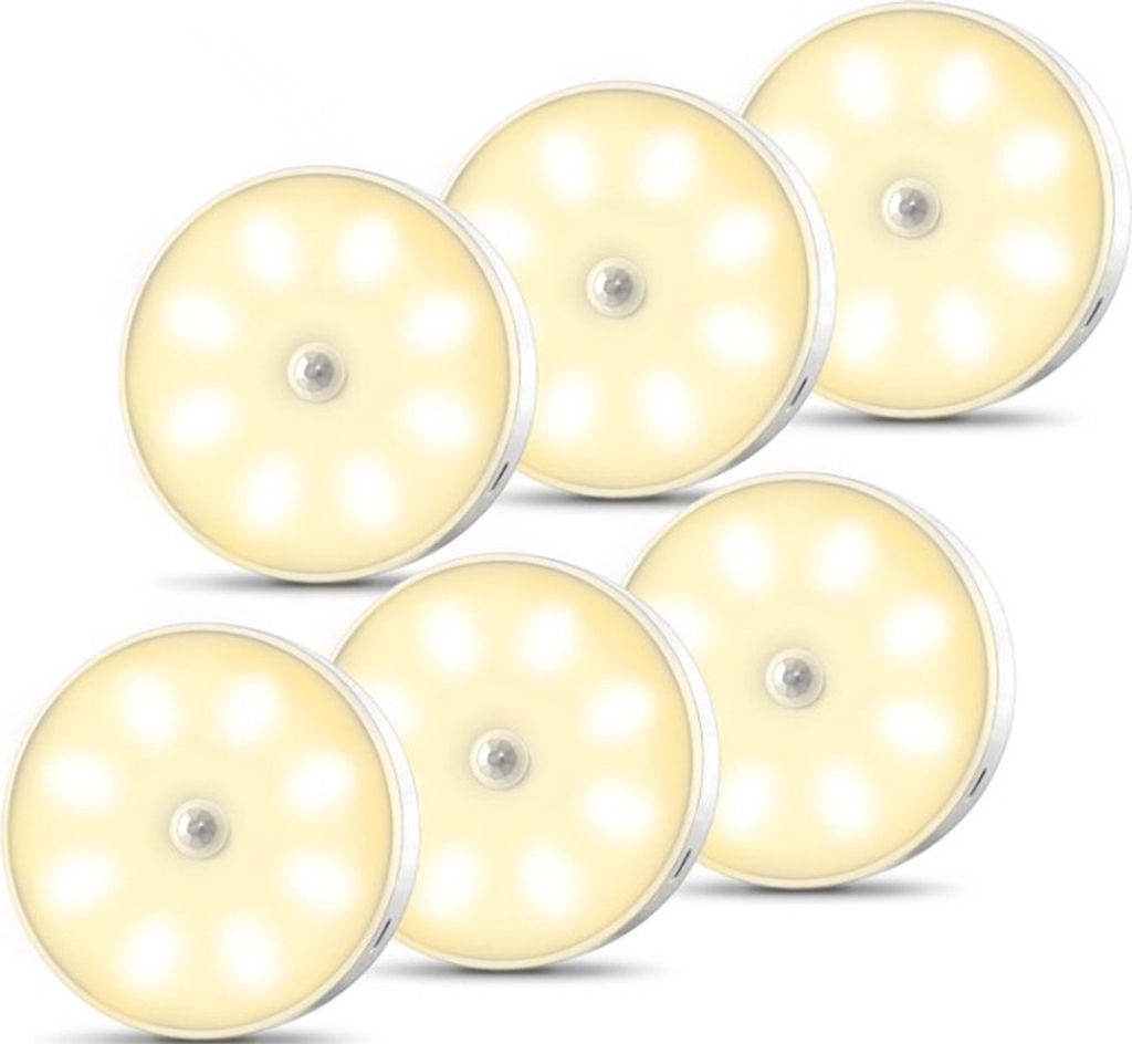 Nachtlicht mit Bewegungsmelder, Schrankbeleuchtung Lampe Innen, USB Batterie Wiederaufladbar, Klebeleuchte für Bad, Treppe,(Warmweiß, 6 Stücke)