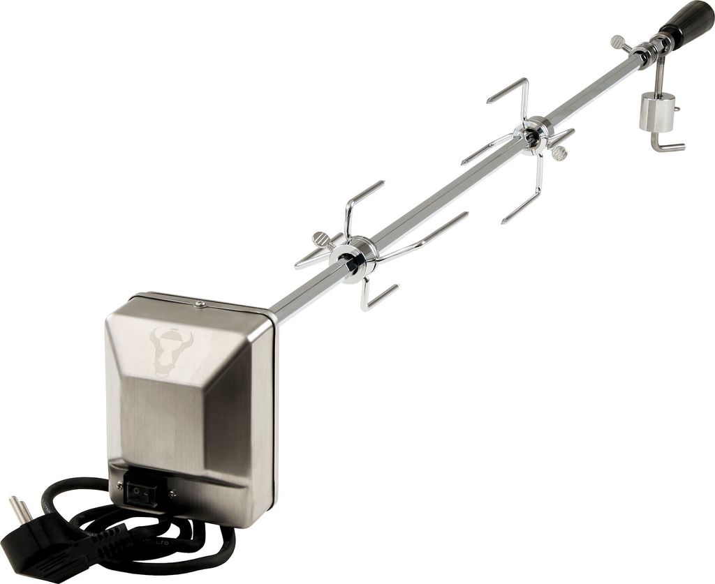 A stainless steel rotisserie spit with a motor and power cord, set against a white background.