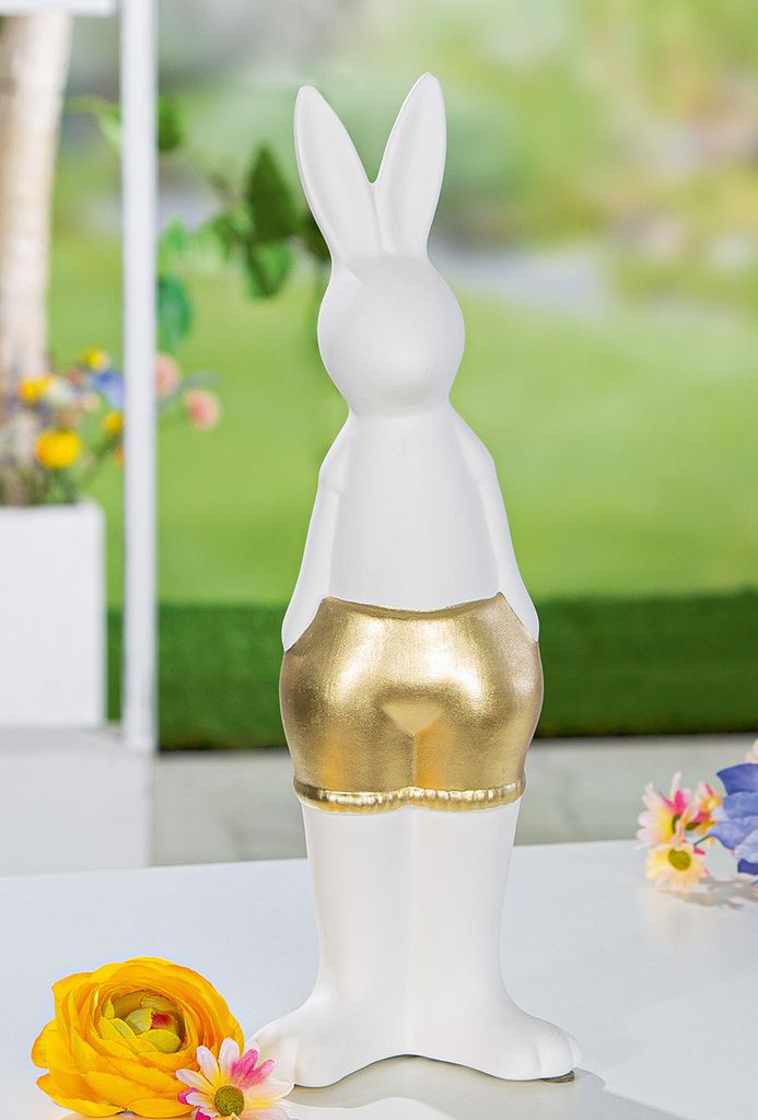 Gilde Figur, Hase, "Lukas", Keramik, weiß, goldfarben, VE 3, L. 8 cm, B. 11 cm, H. 32 cm 55438 4063387554388