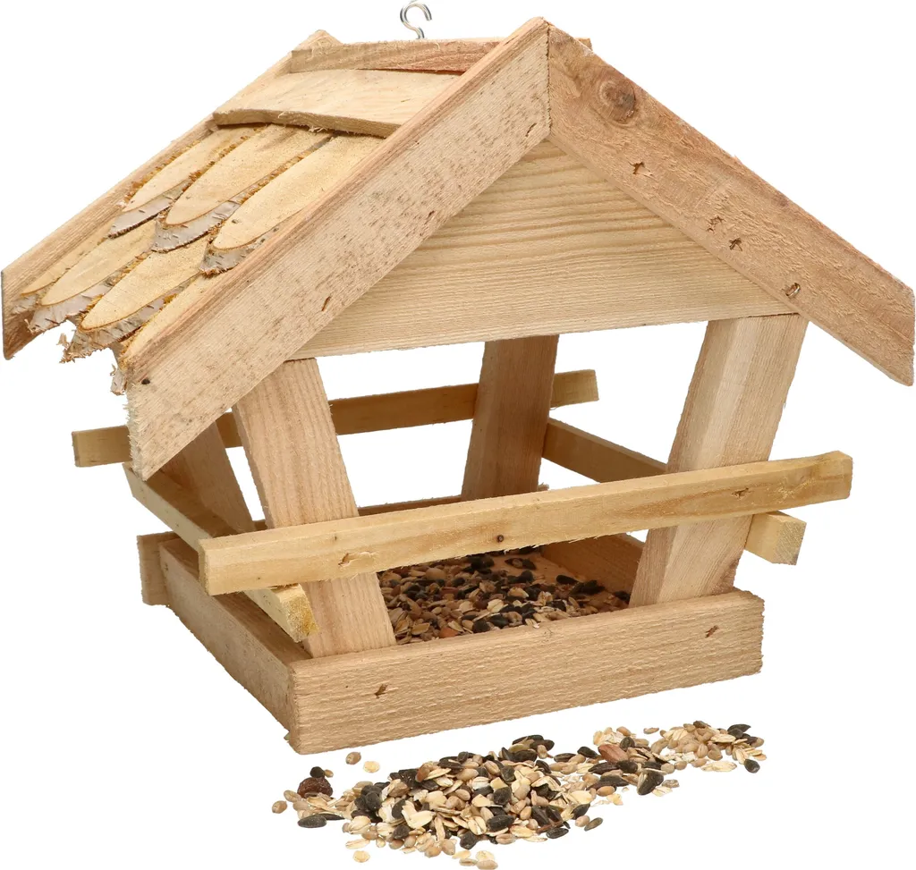 Mangeoire Oiseaux Suspendue en Bois de Pin avec Toit en Bardeaux Marron