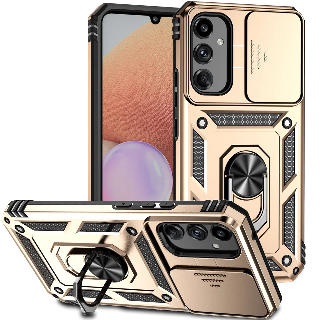 Custodia per Samsung Galaxy A34 a doppio strato con copertura scorrevole della fotocamera e supporto ad anello Oro