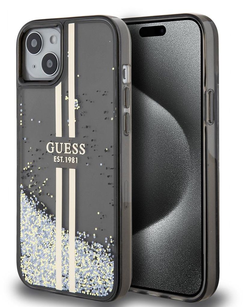 Guess GUHCP15MLFCSEGK iPhone 15 Plus / 14 Plus 6.7" schwarz hardcase Liquid Glitter Gold Stripes Schutzhülle