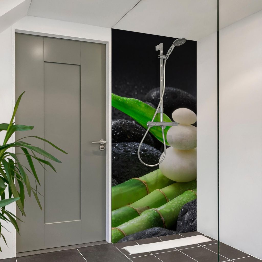 Duschrückwand Spirituell selbstklebend - 0.35 mm Wandpaneel wasserfest Meditation grün Steinoptik Motiv Badrückwand fugenlos Smart matt 100x210 cm