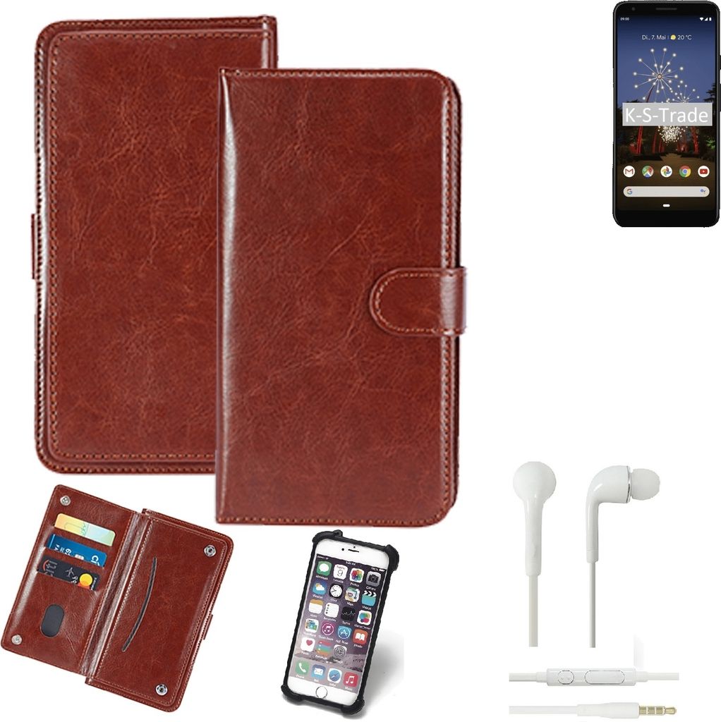K-S-Trade 360° Hülle kompatibel mit Google Pixel 3a XL inkl. Headphones braun Kunstleder Case BookCase WalletCase Kunstlederederhülle Handyhülle,