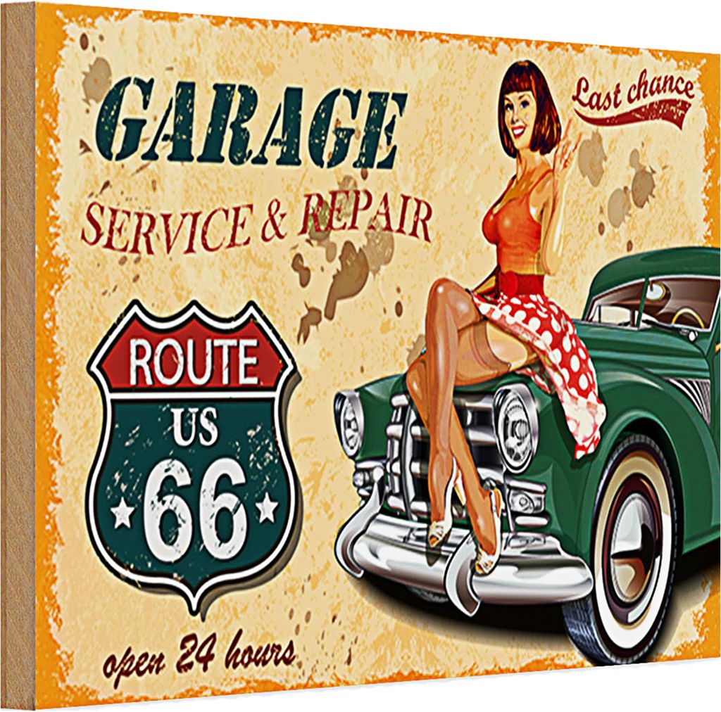 Holzschild Pinup 30x20cm Retro Garage open 24 hours