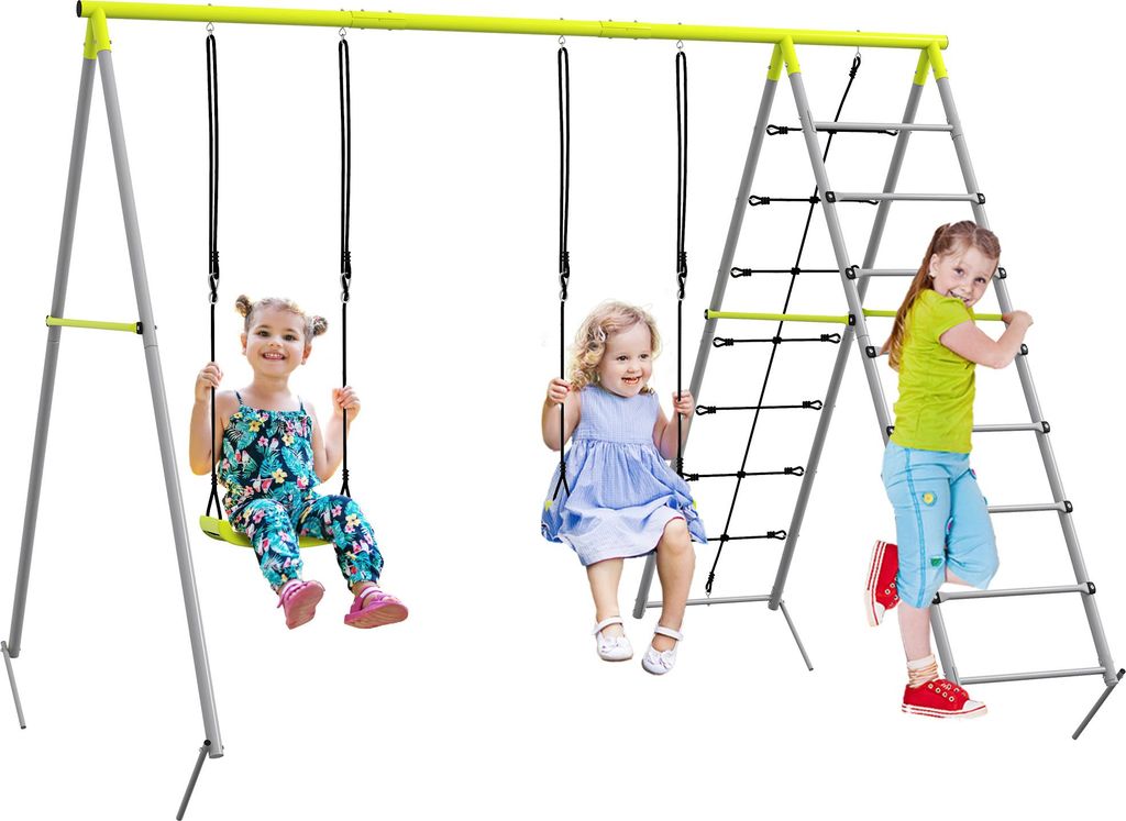 Kinderschaukel-Set – Schaukel, Kletternetz, Leiter, Stahlgestell, 3–8 Jahre