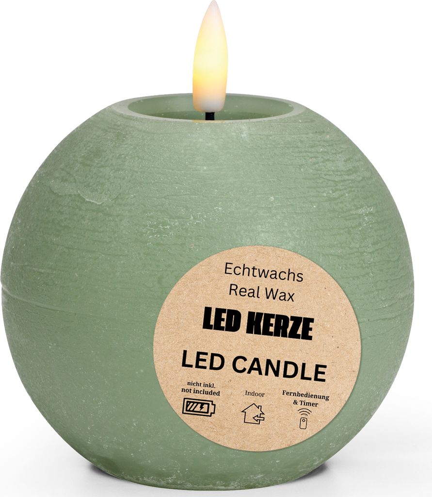 LED Kerze Kugel Wachs, Flackernde Flamme, Ø 10x9, Salbei