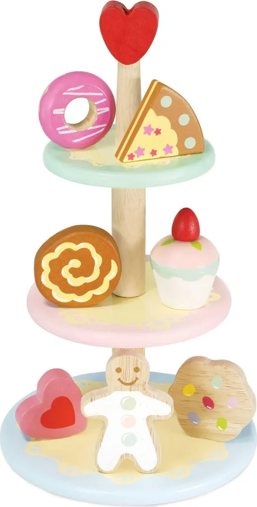 Présentoir à Gâteaux avec Assiette Double et Pâtisseries en Bois