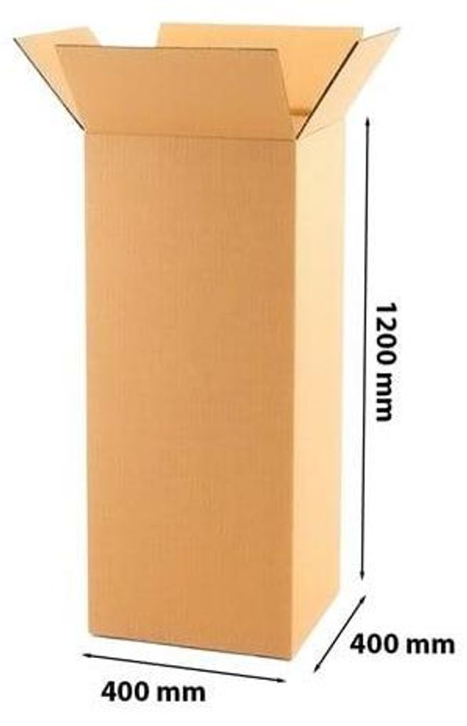 A tall, open cardboard box with dimensions indicated.