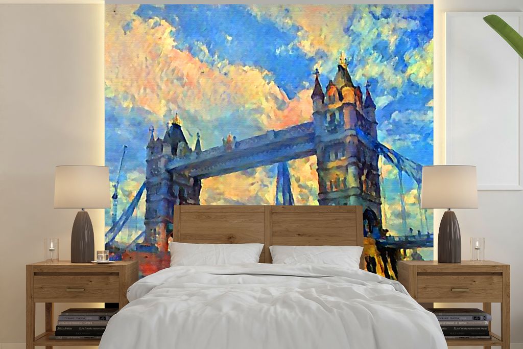 MuchoWow Fototapete für Wohnzimmer oder Schlafzimmer Wandtapete Vinyl Motivtapete Gemälde - London - Brücke - Öl - 240x240 cm - Schlafzimmer-...