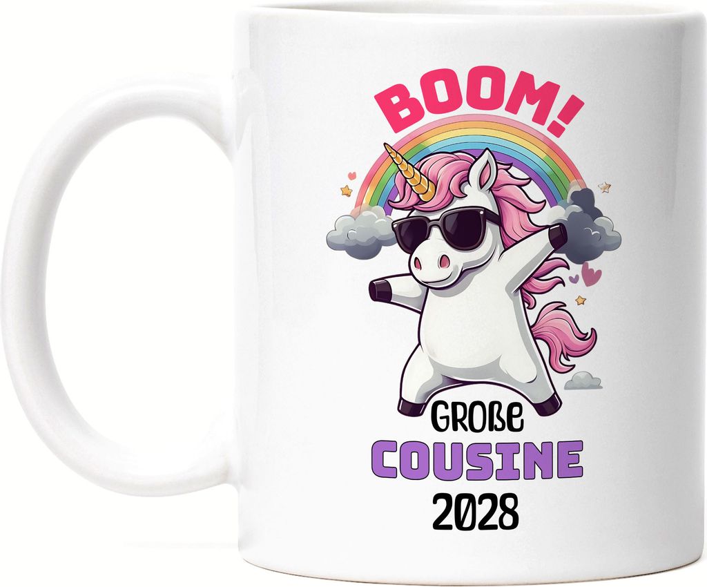 Boom Große Cousine 2028 Tasse Weiß Geschenk Einhorn Familienfreude Babyparty Überraschung Cousine
