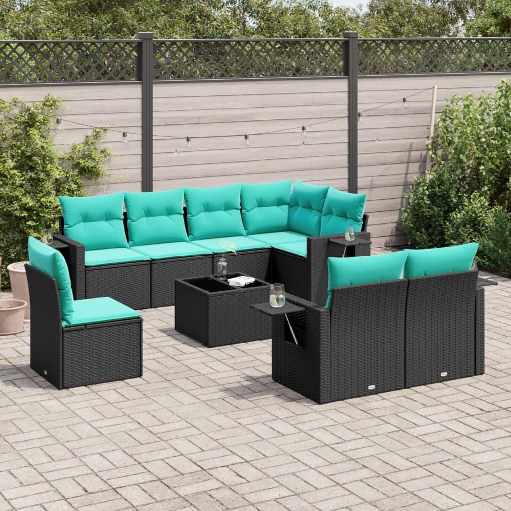 Maison Exclusive - 9-teiliges Gartensofa-Set mit Kissen, schwarzes Polyrattan