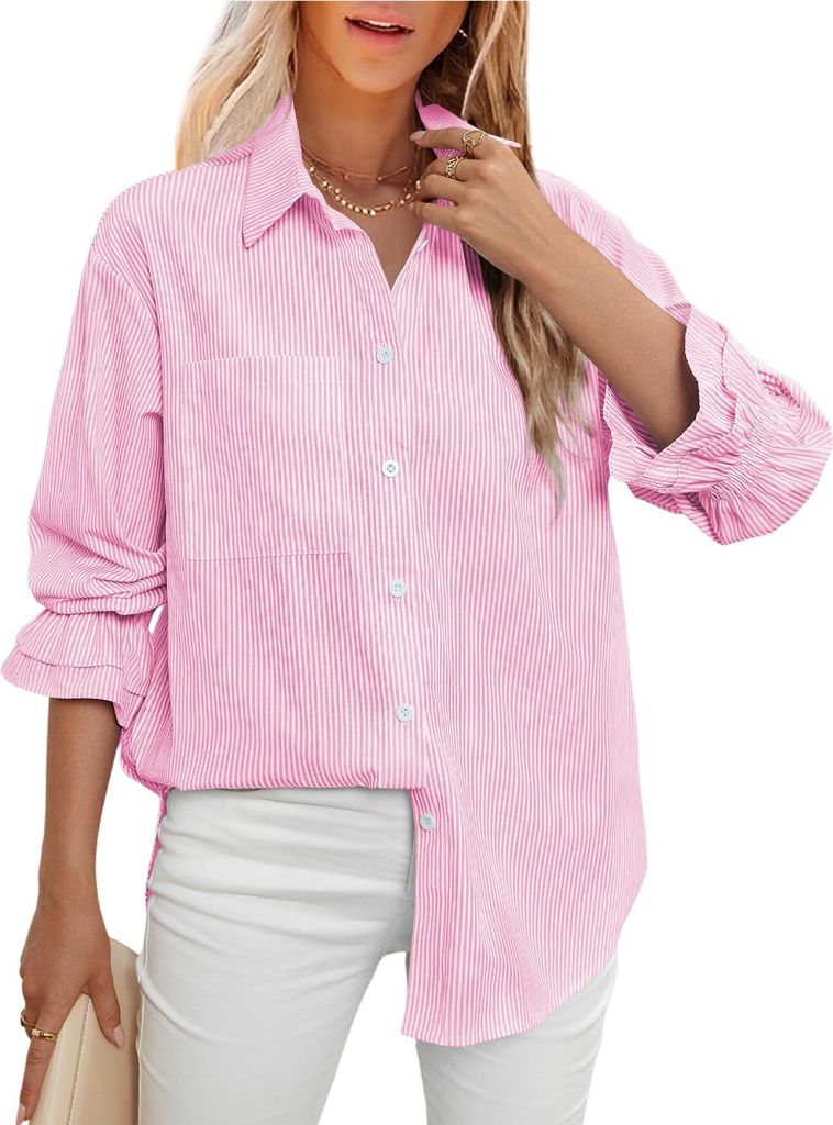 ASKSA Damen Bluse V Ausschnitt Langarm Knoepfen Elegant Hemdbluse Casual Hemden Gestreifte Brusttasche Oberteile (Rosa,M)