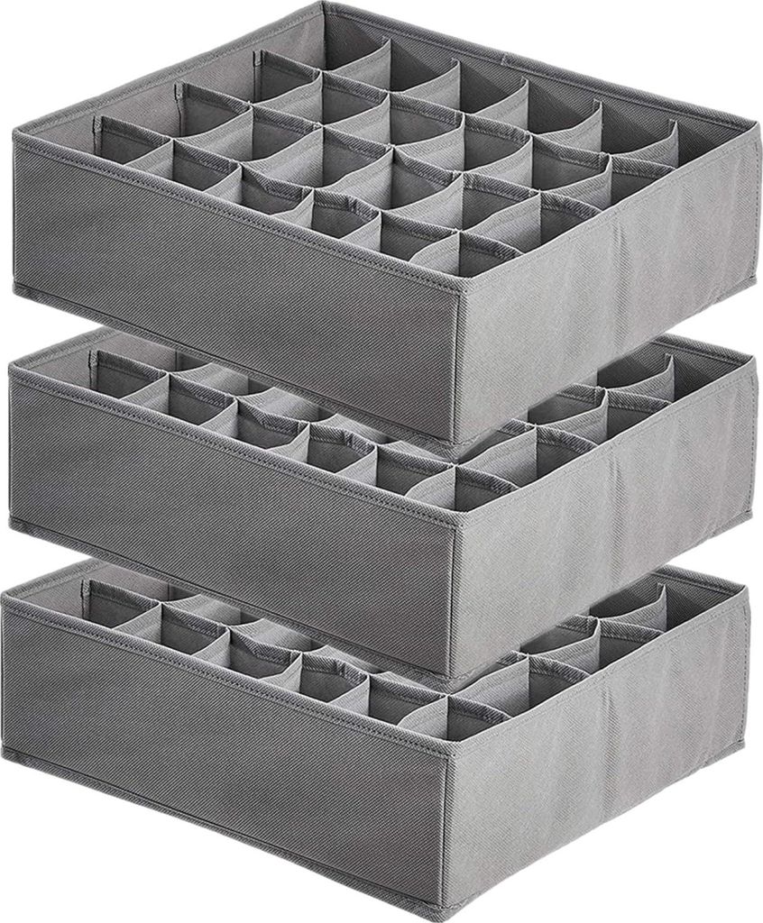 Faltbare Non-Woven Schubladen-Organizer Set von 3 mit 24 Fächern für Socken, BHs, Krawatten, Gürtel (Hellgrau)