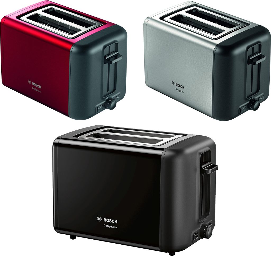 Three Bosch DesignLine toasters in different colors (red, silver, and black) are displayed against a white background.