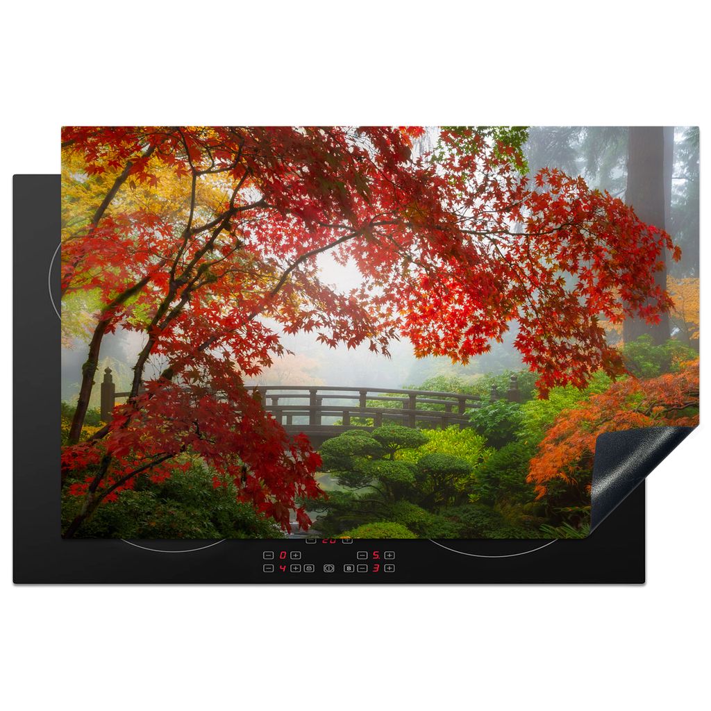KitchenYeah Herdabdeckplatte Japanischer Ahorn - Bäume - Brücke - Natur - Japanisch , 81x52cm, Küche Deko, Glaskeramikkochfeld Herdabdeckung, ...