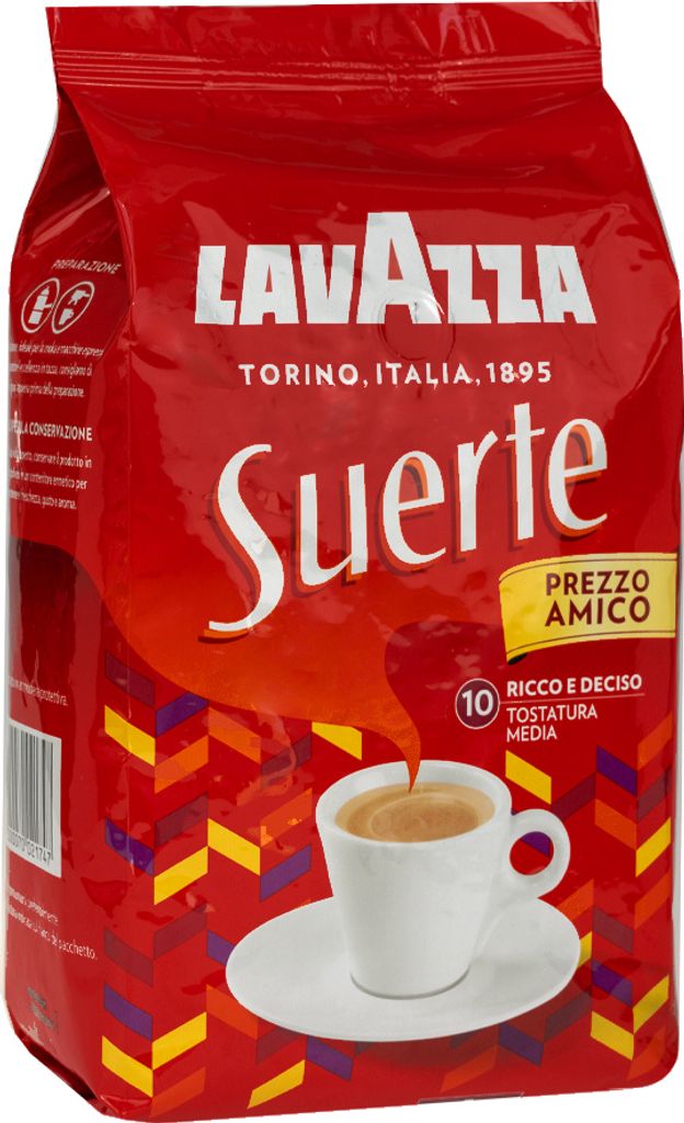 A bag of Lavazza Suerte coffee beans with a cup of coffee shown.