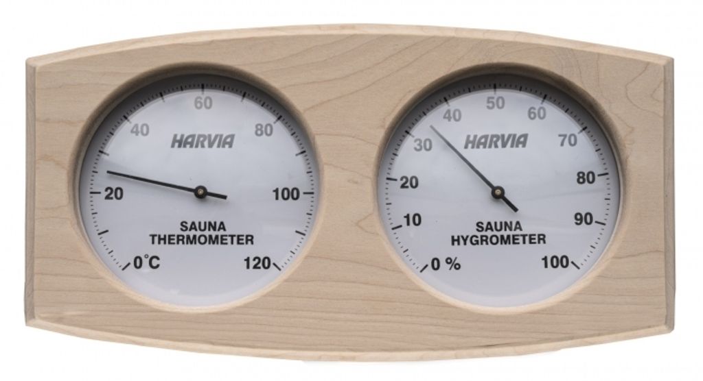 A wooden framed thermometer and hygrometer set.