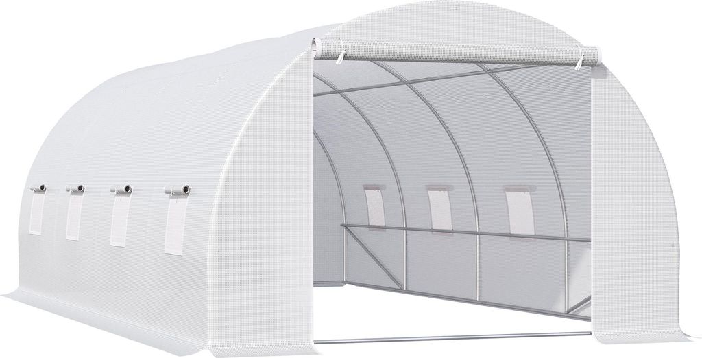 Gewächshaus 595x300x200cm Foliengewächshaus Tomatenhaus mit Tür, Fenster, Folientunnel aus verzinktem Stahl, Pflanztunnel, Treibhaus inkl. Erdan...