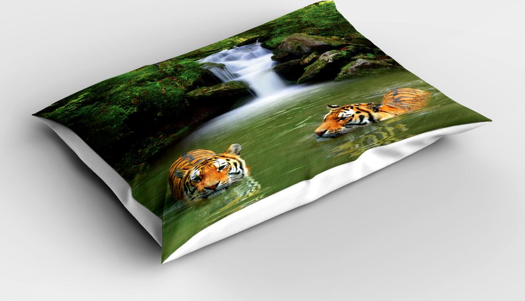 ABAKUHAUS Safari Kopfkissenbezug, Sibirische Tiger Im Wasser Wasserfall Pool Waldschwimmen Asiatisch Natürlich, 40x80 cm, Reseda Grün Orange