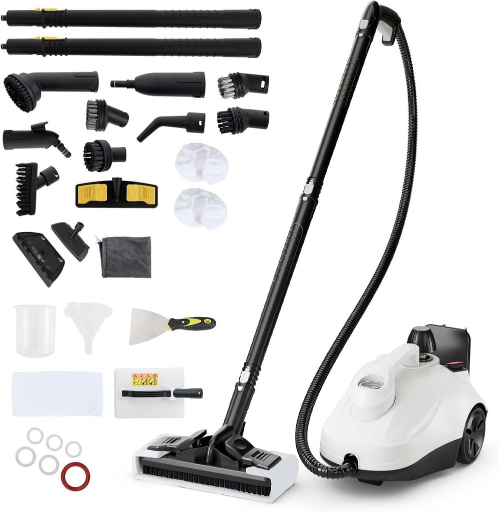 A steam cleaner and its various attachments are laid out on a white background.