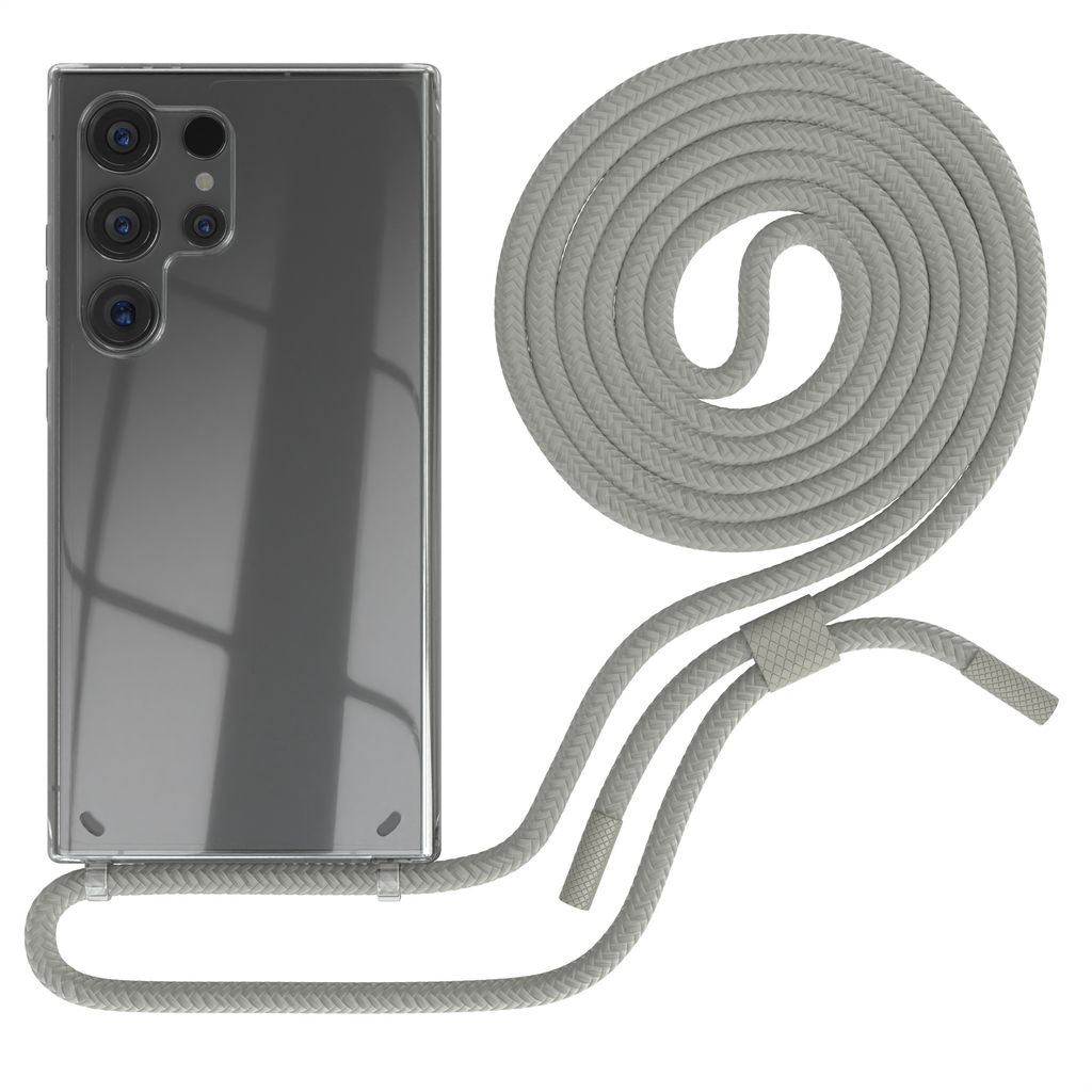 EAZY CASE Handykette für Samsung Galaxy S24 Ultra, Clear Case aus Silikon, mit Umhängeband, abnehmbare Endstücke, Handyband in Beige