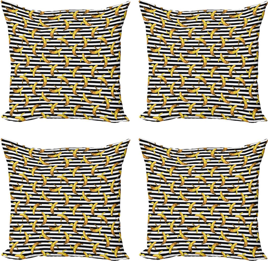 ABAKUHAUS Indie Kissenbezug Set (4 Stück), Stripes Tropical Bananen, Moderner Doppelseitiger Digitaldruck, 50 cm x 50 cm, Schwarz, Weiß, Gelb