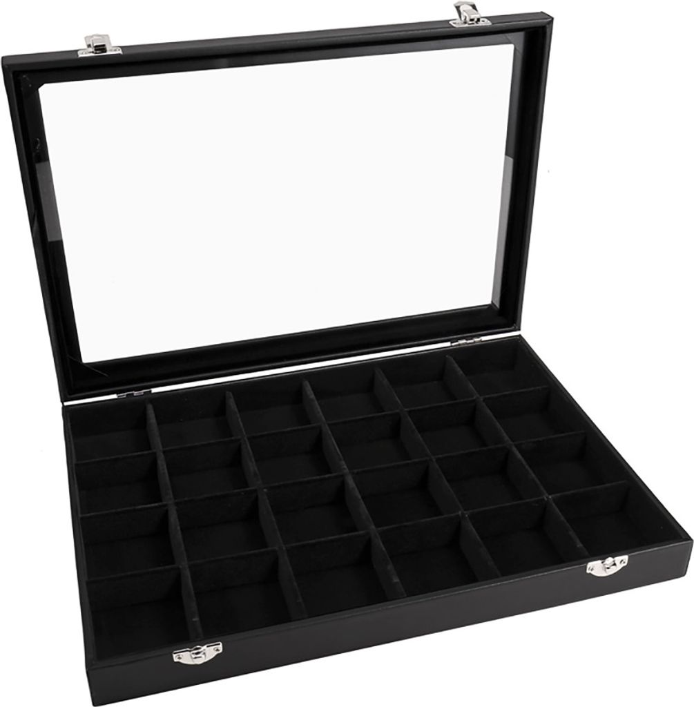 Sinoba Schmucklade Schmuckkasten Schaukasten Schmuckdisplay mit Glasdeckel (24 Fächer)