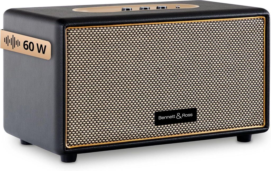 BB-860BK Blackmore - Retro BlueTooth Lautsprecher in Lederoptik - 60W Stereo Speaker mit Bass - USB-Anschluss-Vintage Box - 3,5mm Klinke Aux-Anschluss