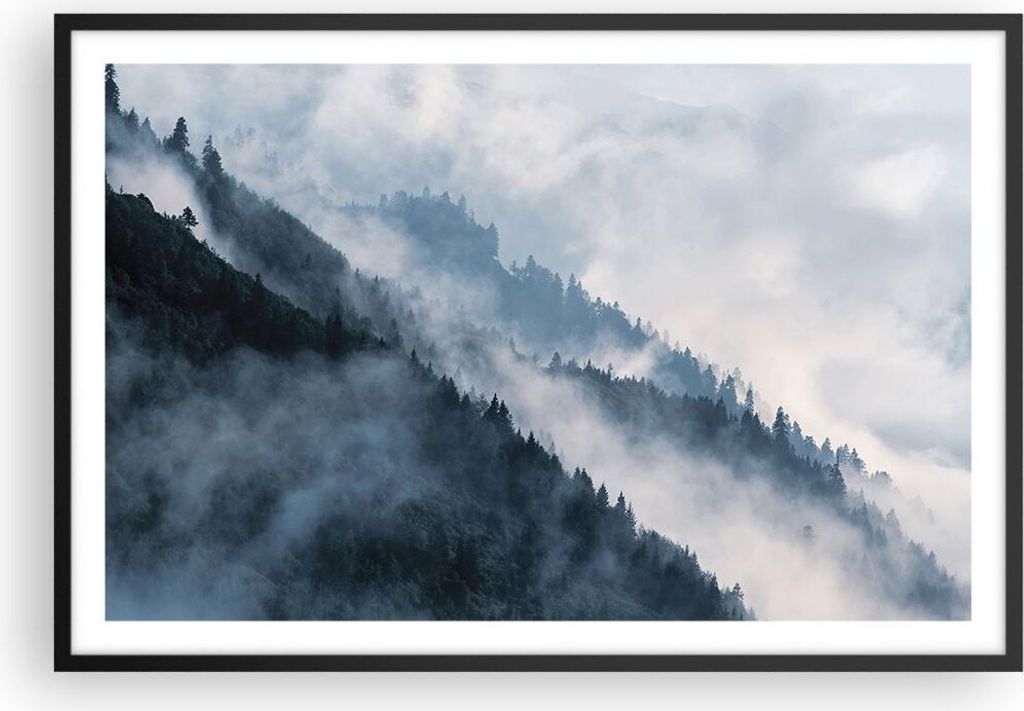 Gerahmtes Poster - Schwarzer Rahmen - Berge Nebel Bäume - 91,5x61 cm - Wand Bild - Wanddeko - Wandbilder - Kunstposter - Wandposter - Bilderrahmen...
