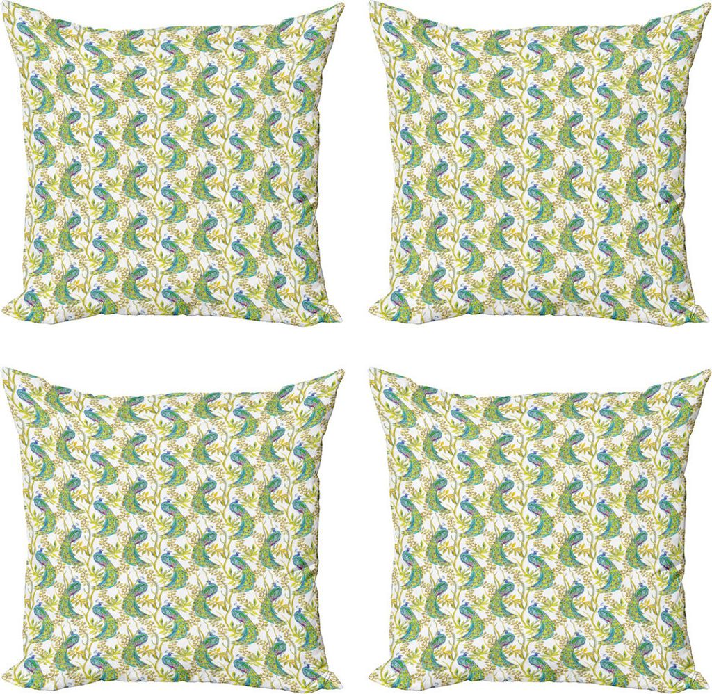 ABAKUHAUS Pfau Kissenbezug Set (4 Stück), Vivid Vögel auf Zweigen, Moderner Doppelseitiger Digitaldruck, 45 cm x 45 cm, Mehrfarbig