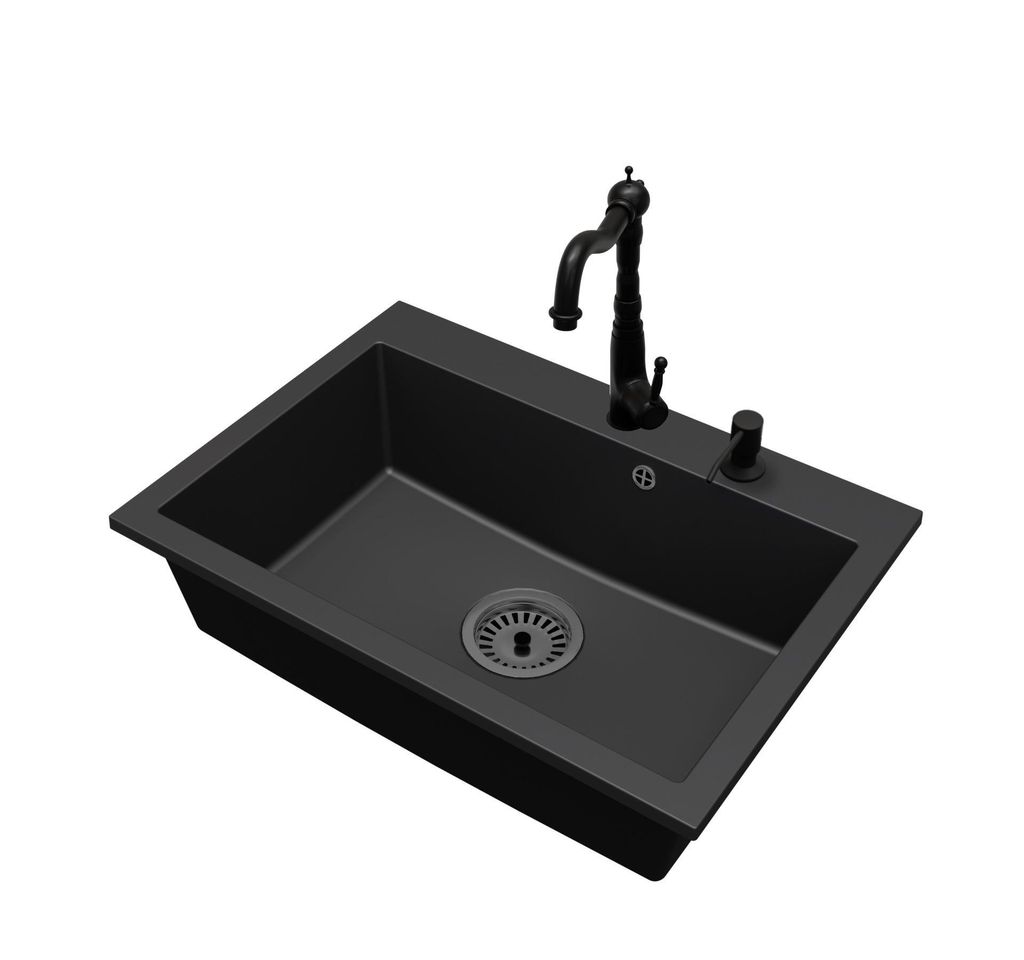 Granitspüle Küchenspüle Einbauspüle 1 Becken Elite 70 Set mit Armatur, Seifenspender und Siphon Schwarz