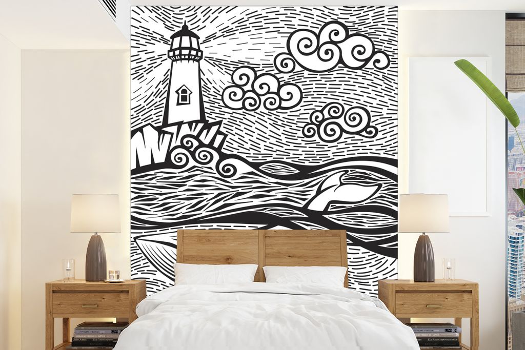 MuchoWow Fototapete für Wohnzimmer oder Schlafzimmer Wandtapete Vinyl Motivtapete Eine abstrakte Schwarz-Weiß-Illustration eines Wals und eines...