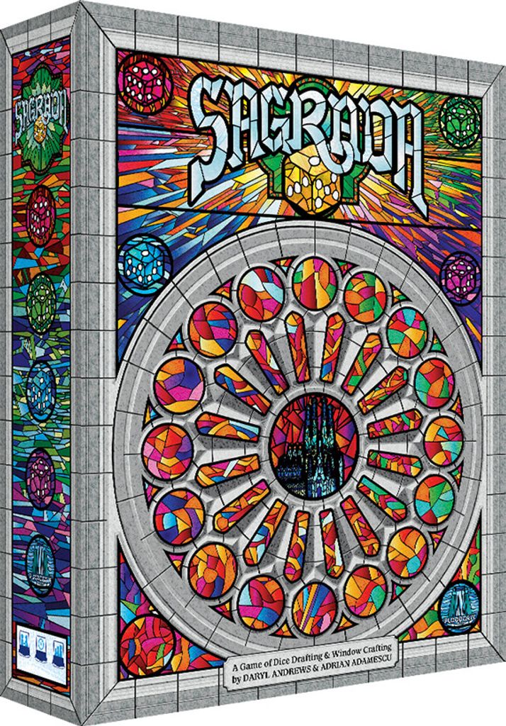 The image shows the front and side packaging of the board game Sagrada, designed to resemble a stained-glass window.