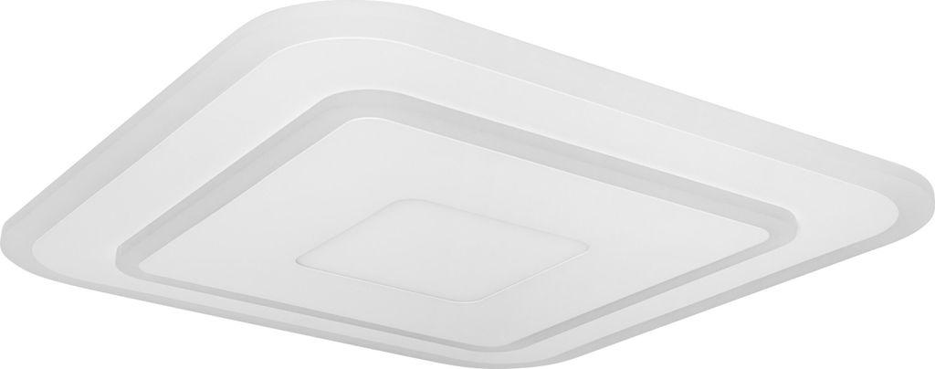 A white, modern LED ceiling lamp with a square shape and layered design, presented against a white background.