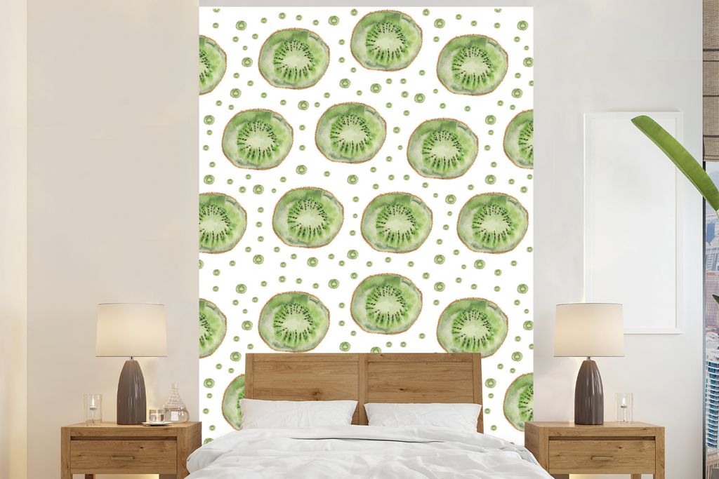 MuchoWow Fototapete für Wohnzimmer oder Schlafzimmer Wandtapete Vinyl Motivtapete Kiwi - Aquarell - Muster - 170x260 cm - Wohnzimmertapete