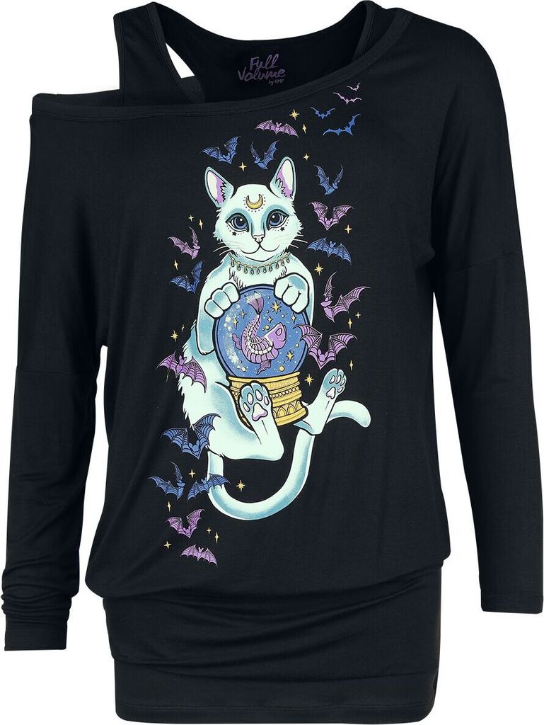 Full Volume by EMP Damen schwarzes Langarmshirt mit Katzen-Frontprint L