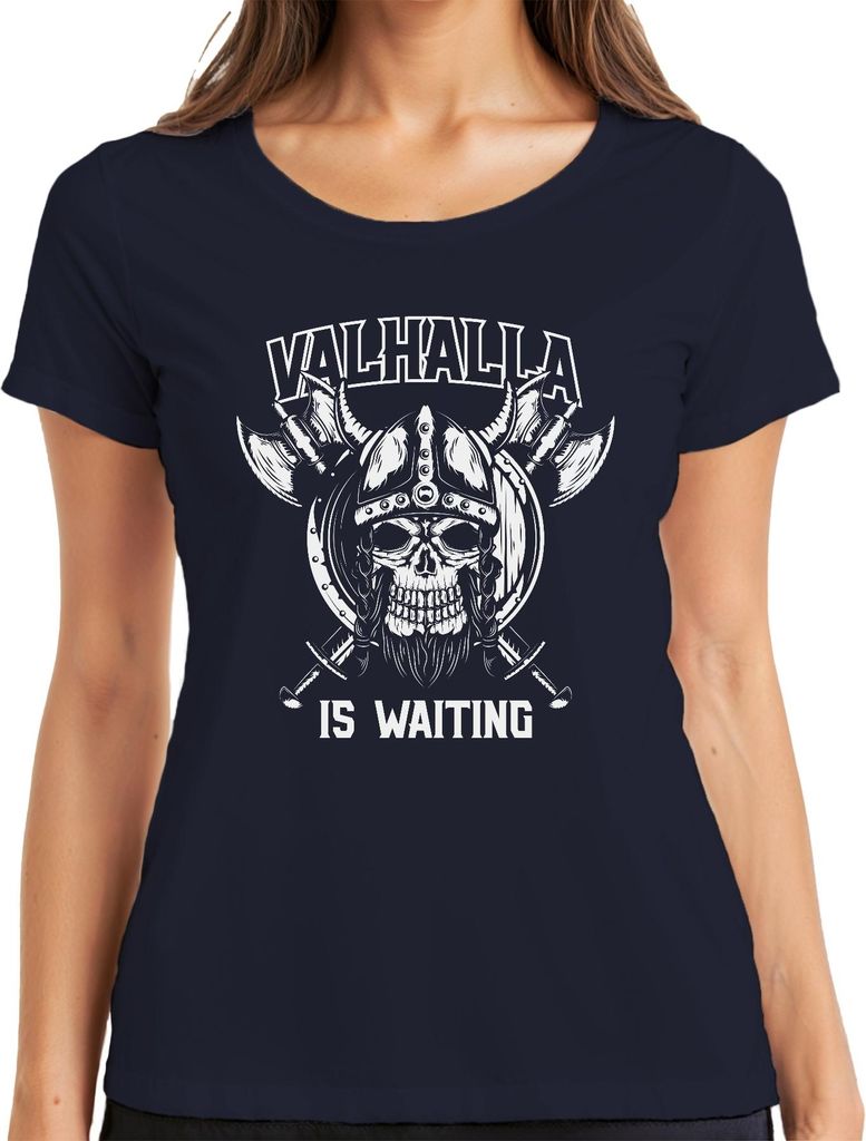 Valhalla is Waiting Wikinger Schädel Axt Schild Odin Runen Asgard Damen T-Shirt, Navy, S