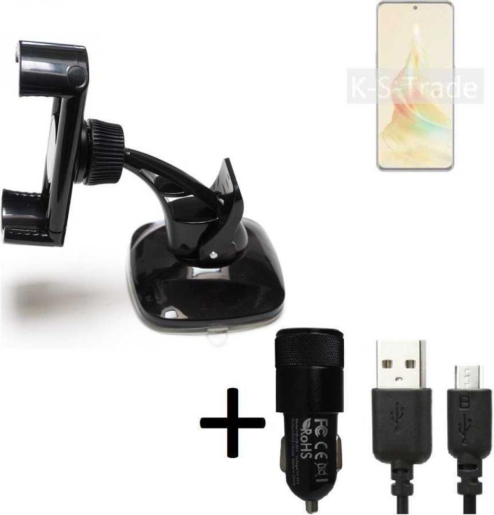 K-S-Trade Halterung kompatibel mit Oppo Reno8 T 5G Windschutzscheibe / Armaturenbrett + LADEGERÄT mit Mico USB Kabel Autohalterung KFZ Halter