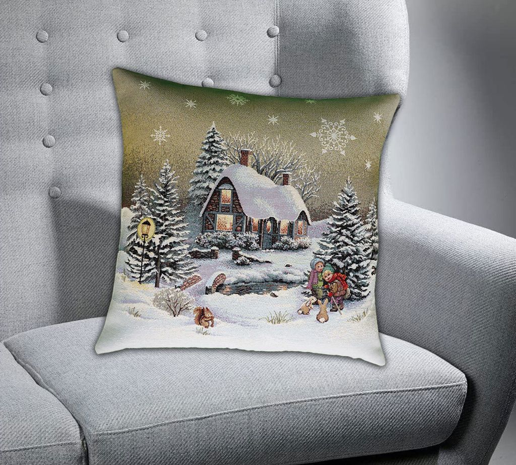 Kissenhülle 45 x 45 cm mit Gobelin Stickerei Winterdorf Dekokissen Sofakissen Advent Weihnachten 45 x 45 cm Kissenhülle