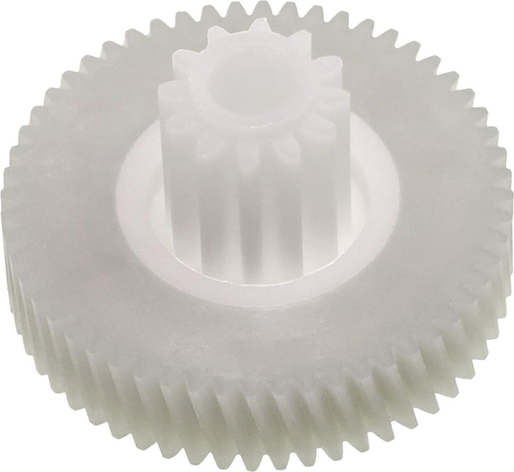A white plastic gear with two sets of teeth.