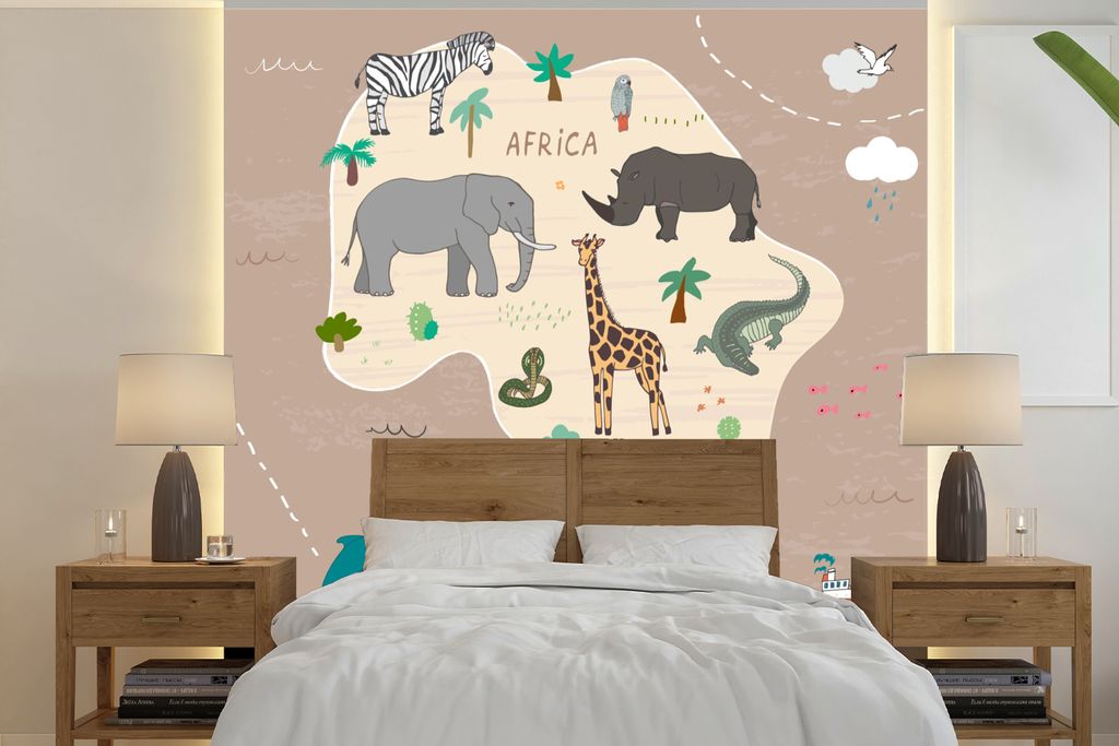 MuchoWow Fototapete für Wohnzimmer oder Schlafzimmer Wandtapete Vinyl Motivtapete Tiere - Weltkarte - Kinder - Afrika - Jungen - Mädchen - 280x...