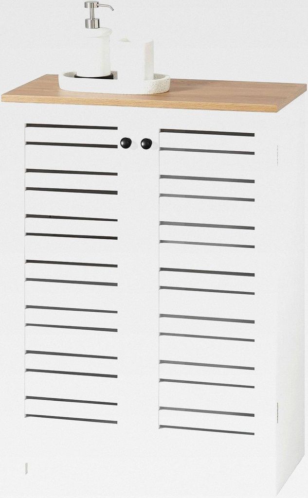 Badezimmerschrank Schmal mit Lamellentüren, Regale Verstellbar in MDF, 60x30x82 cm, Badschrank Multifunktionale und Kompakte Badmöbel BZR41-W