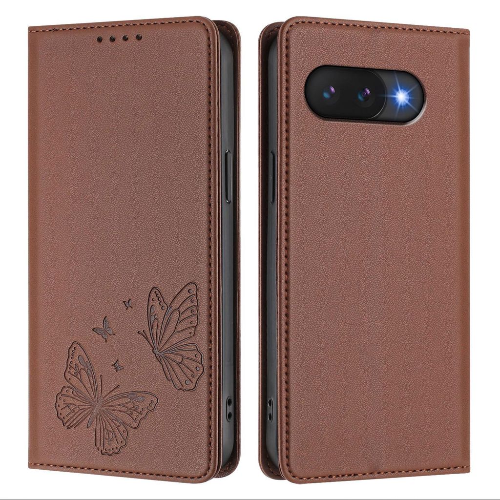Lederhülle für Google Pixel 9A, Schmetterling Prägung Leder Brieftasche Schutzhülle mit Ständer Braun